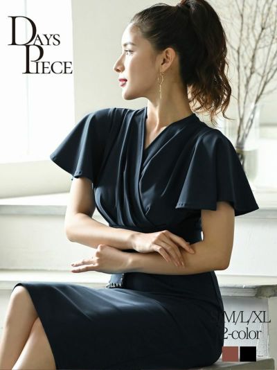 フレア袖付きドレッシー膝丈キャバワンピース【DAYS PIECE】(M/L/XL)(ブラック/ピンク)