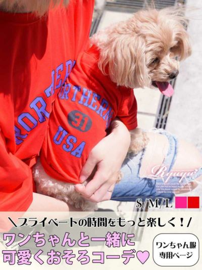 犬用アメカジラグランリブ袖ロゴTシャツ【Ryuyu/リューユ】(S/M/L)(レッド/ピンク)