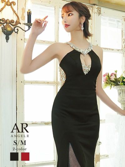 【Angel R/エンジェルアール】ホルターネックシースルービジューロングキャバドレス(S/M)(ブラック/レッド)