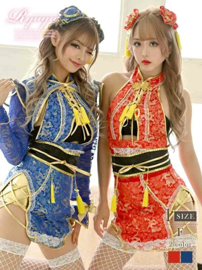 【即納】チャイナ風谷間魅せコスプレ6点セット まぁみ みりちゃむ 着用 レディースコスプレ【Ryuyu/リューユ】(フリーサイズ)(レッド/ブルー)