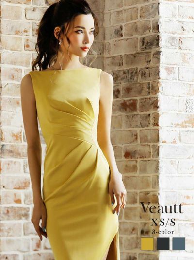 【Veautt/ヴュート】サイドレース透けノースリーブ膝丈キャバドレス(XS/S)(チャコールグレー/イエロー/ブルー)