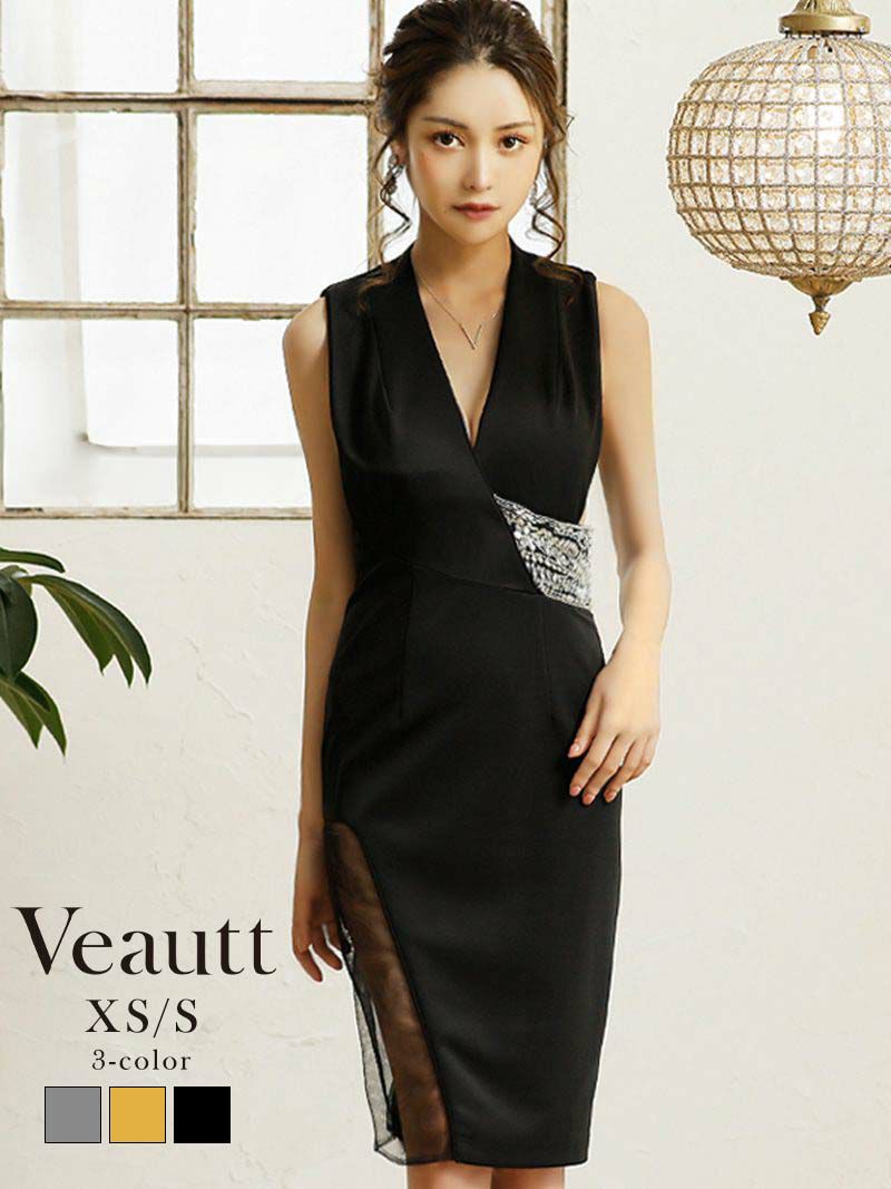 【Veautt/ヴュート】谷間魅せシアーウエストビジュー膝丈キャバドレス