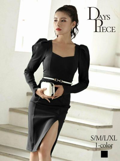 パワーショルダー長袖無地キャバワンピース【DAYS PIECE】(S/M/L/XL)(ブラック)