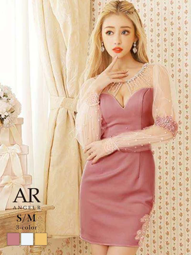 【Angel R/エンジェルアール】袖付きシースルーシフォンパールビジューキャバドレス