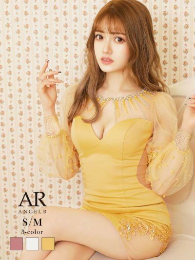 【Angel R/エンジェルアール】袖付きシースルーシフォンパールビジューキャバドレス(S/M)(ピンク/ホワイト/イエロー)