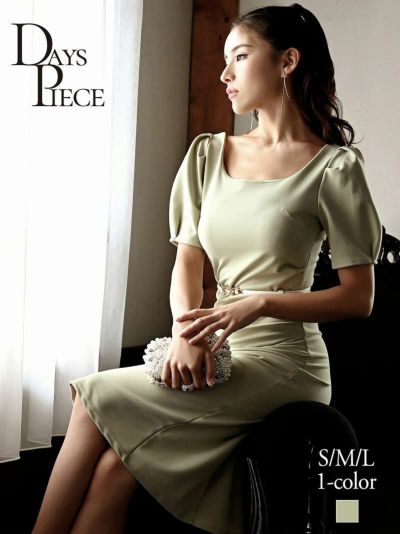 袖付きサイドギャザーワンカラーキャバワンピース【DAYS PIECE】(S/M/L)(グリーン/ブラック/ピンク)