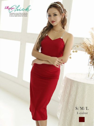 キャミソールビジューワンカラーロングドレス りおん 着用 キャバドレス【RyuyuChick】(S/M/L)(レッド)