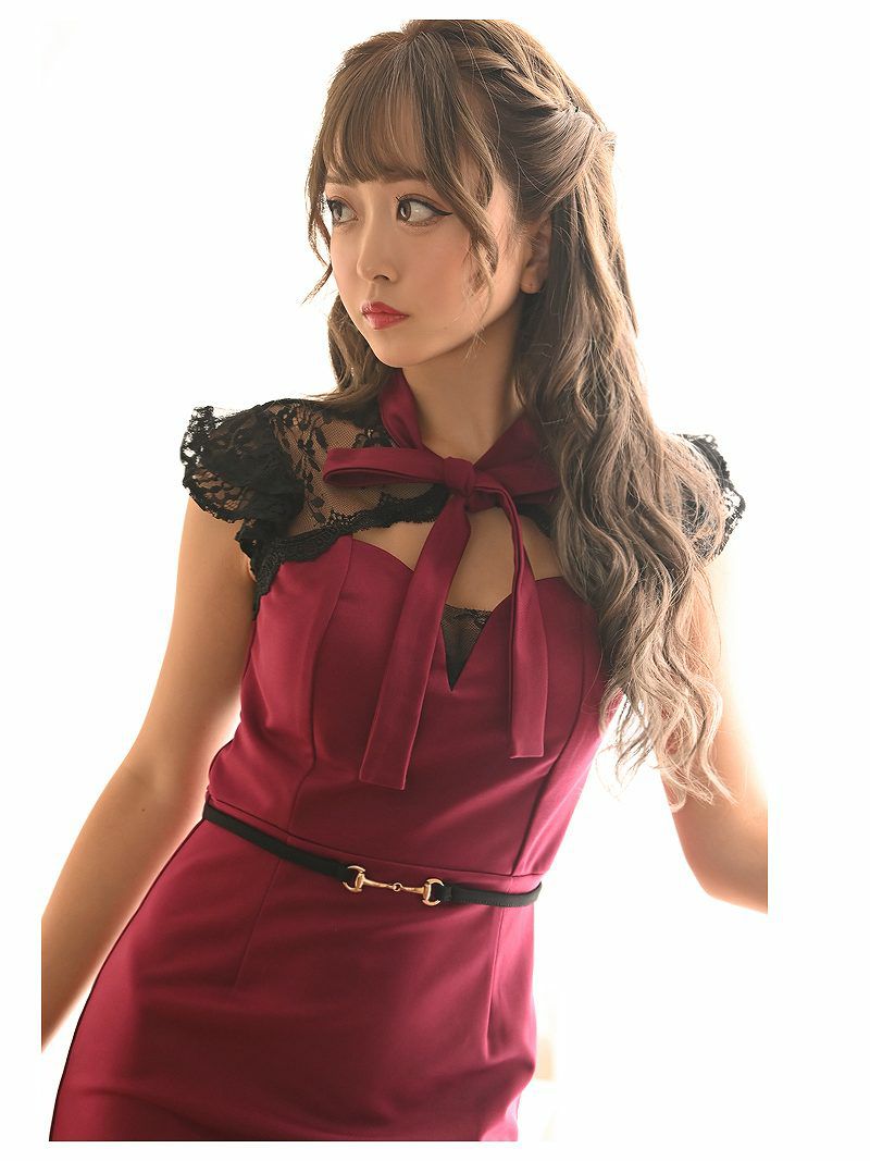 袖付きボウタイリボンブラックレースキャバドレス みりちゃむ ゆずは 着用 ミニドレス【Ryuyu/リューユ】