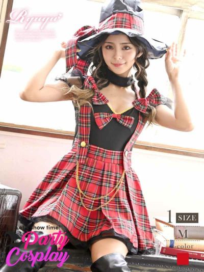 ハロウィンコスプレ チェック柄ガーリー魔女コスプレ4点セット KANO 着用レディースコスプレ【Ryuyu】(M)(レッド)
