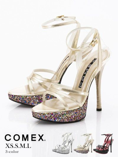 【COMEX/コメックス】グリッターラメヒールアンクルストラップ付き13.5cmヒールキャバサンダル OEO(XS/S/M/L)(ブラック/シルバー/ホワイトゴールド)
