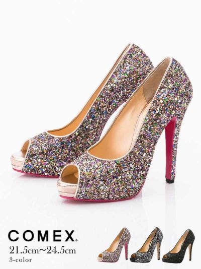 【COMEX/コメックス】グリッターラメオープントゥ13.0cmヒールキャバサンダル OEO(ブラックラメ/ブラックシルバーラメ/マルチ)