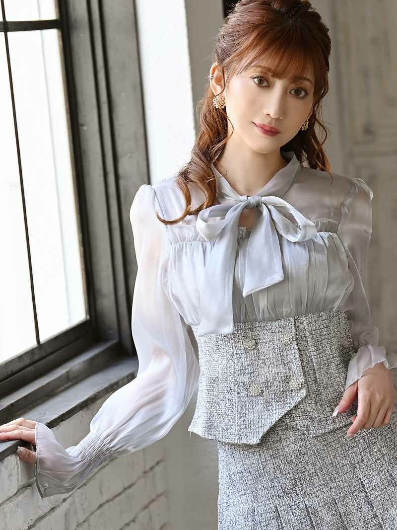 ツイードシアー袖付きレディーススーツ 加賀美早紀 着用キャバスーツ【Belsia/ベルシア】