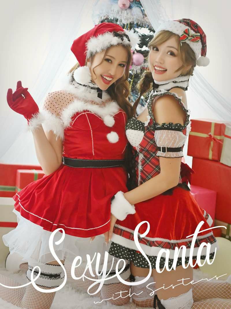【即納】ビスチェ風チェック柄フレアーサンタコスプレ7点セット