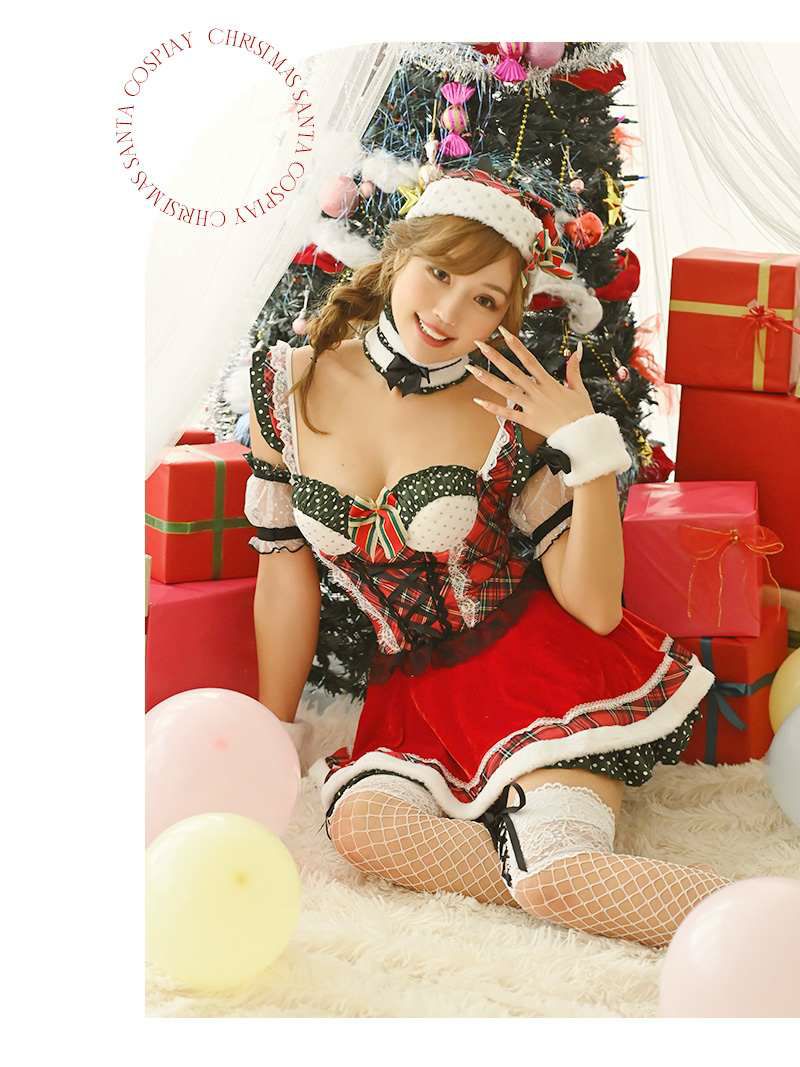 【即納】ビスチェ風チェック柄フレアーサンタコスプレ7点セット