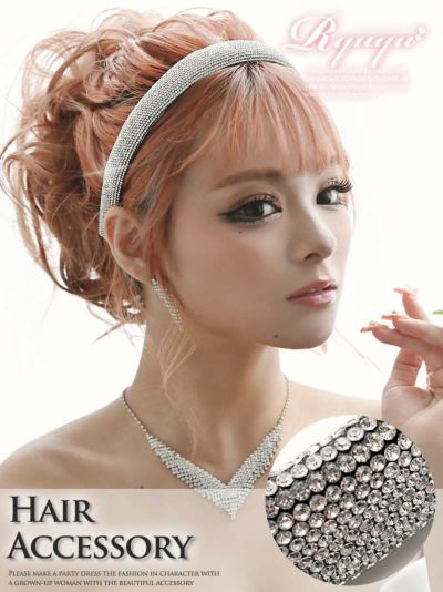 ラインストーン太めキラキラカチューシャ まぁみ 着用ヘアアクセサリー【Ryuyu】(フリーサイズ)(ブラック/シルバー)