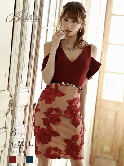 立体花柄刺繍オープンショルダー袖付きキャバドレス 加賀美早紀 着用キャバドレス【Belsia】(S/M/L)(ワイン/ベージュ/ターコイズ)【サイズ別SALE!】