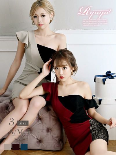 ワンショルダーレースバイカラーキャバドレス みりちゃむ ゆずは 着用 ミニドレス【Ryuyu】(S/M/L)(ベージュ/ワイン/ターコイズ)