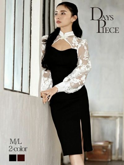 ビスチェ風花柄袖付き大人チャイナキャバワンピース【DAYS PIECE】(M/L)(ブラック/ワイン)
