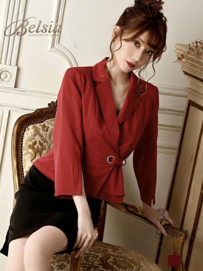 ペプラムデザインリングベルト赤色レディーススーツ 加賀美早紀 着用キャバスーツ【Belsia】(S/M/L)(ワイン)