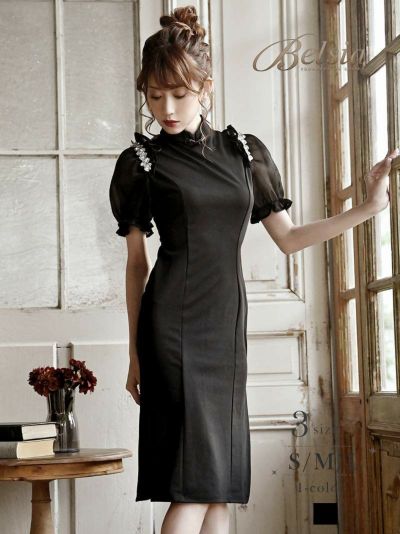 ゾロ目SALE￥6980→￥4555！ パフスリーブチャイナデザインビジューキャバドレス 加賀美早紀 着用ミニドレス【Belsia】(S/M/L)(ブラック)