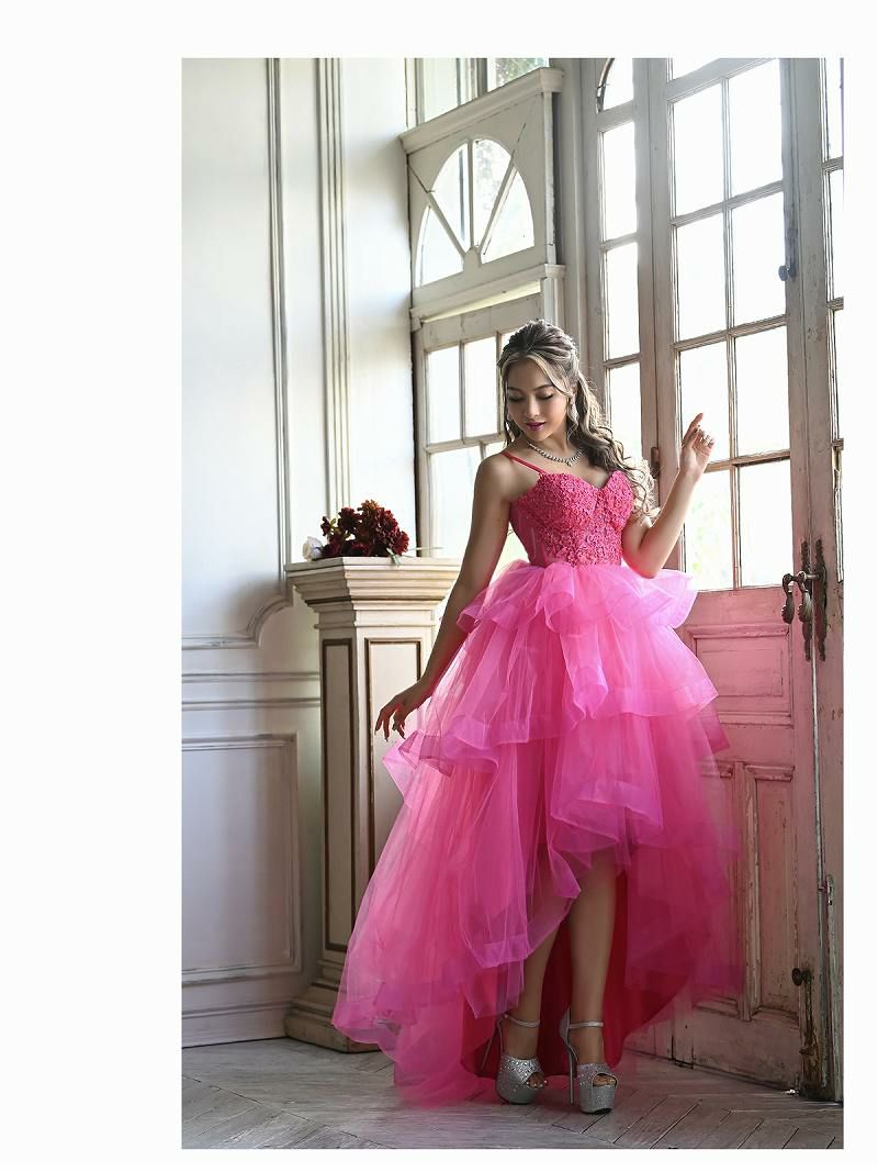 バックスピンドル花柄刺繍ピンク前ミニロングドレス  ゆきぽよ 着用 ロングドレス【BelsiaLux/ベルシアリュクス】