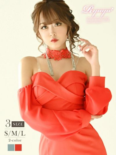 ゾロ目SALE￥7128→￥4555！ シフォン袖オフショルデザインワンカラータイトキャバドレス みりちゃむ れいたぴ 着用ミニドレス【Ryuyu】(S/M/L)(ブルー/オレンジ)
