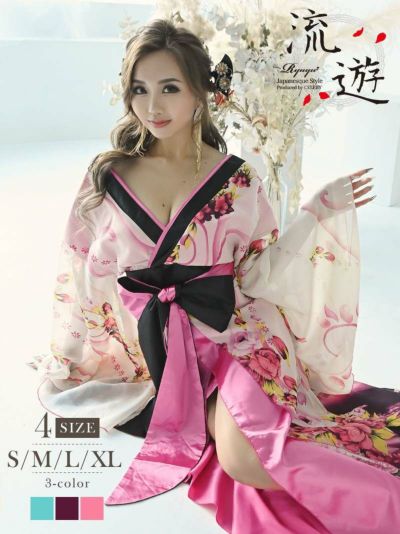 和華柄グラデーション前ミニ和柄ドレス みりちゃむ れいたぴ 着用キャバドレス【流遊】(S/M/L/XL)(ピンク/グリーン/パープル)