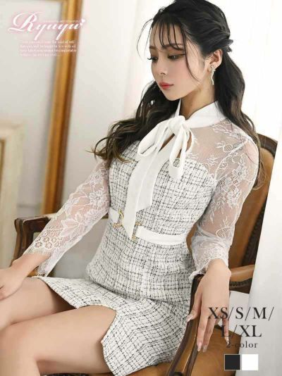 フロントリボンツイード袖付きタイトキャバドレス　KANO 着用 ミニドレス【Ryuyu】(XS/S/M/L/XL)(ブラック/ホワイト)