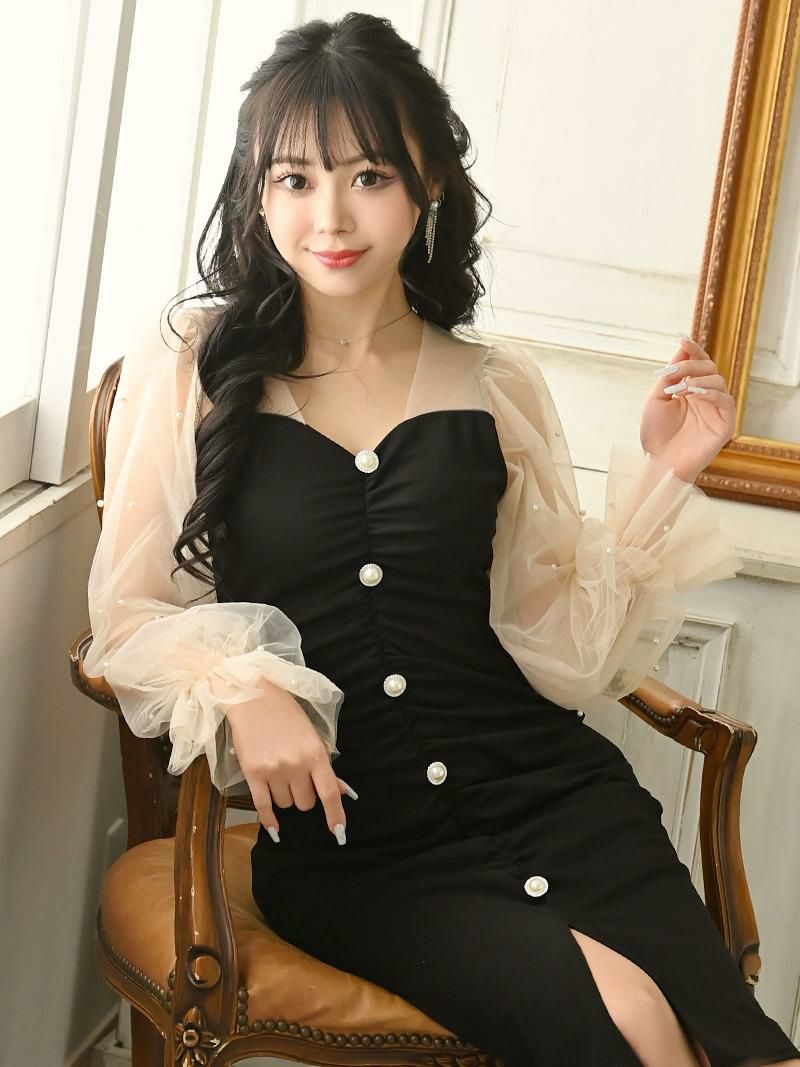 チュール袖付き膝丈キャバドレス MIYU着用 ミニドレス【Ryuyu/リューユ】