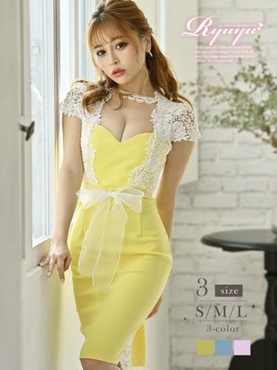袖付きレースパステルカラータイトドレス ゆずは れいぽよ 着用 ミニドレス【Ryuyu】(S/M/L)(ピンク/イエロー/ブルー)