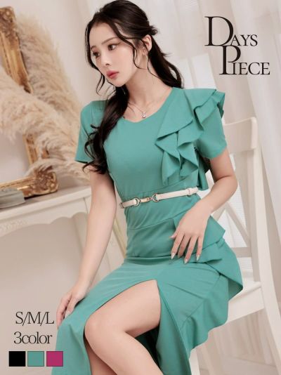 ゾロ目SALE￥8228→￥5555！ ビビッドカラーアシンメトリー膝丈キャバワンピ　KANO 着用 キャバドレス【DAYS PIECE】(S/M/L)(ブラック/グリーン/ピンク)