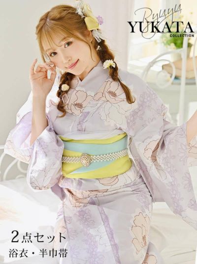 浴衣 パープル椿柄ボーダーレースレディース浴衣2点セット【Ryuyu】(フリーサイズ)(パープル)