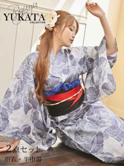 浴衣SALE￥7980→￥7560！ 浴衣 ブルーネイビー椿柄レディース浴衣2点セット【Ryuyu】(フリーサイズ)(ネイビー)
