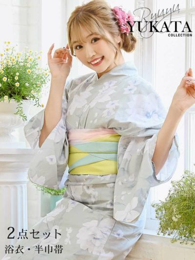 浴衣 ミントカラー薔薇柄レディース浴衣2点セット【Ryuyu】(フリーサイズ)(ミント)