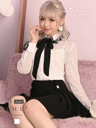 モノトーンレースリボン袖付きフレアキャバドレス ゆずは 着用 セットアップドレス【Ryuyu】(S/M/L)(ホワイト)