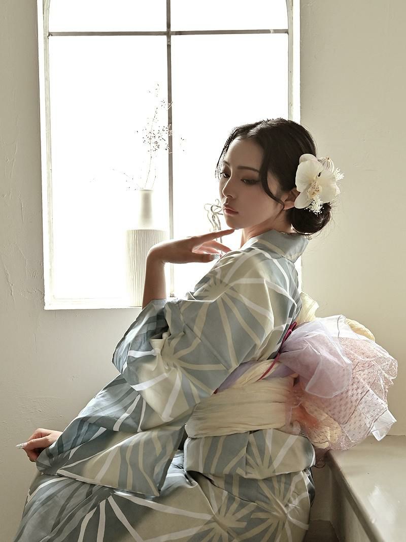 【即納】水色麻の葉柄トールサイズレディース浴衣 KANO 着用 大きいサイズ浴衣【Ryuyu/リューユ】