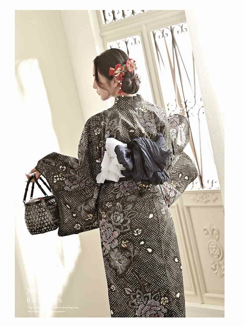 ▪️高身長の方に▪️粋な大人の浴衣 草花文 黒地 浴衣 黒 大きいサイズ トールサイズ 5L 薔薇 花柄 セット