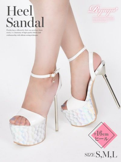 ホログラムホワイトカラー前厚アンクルストラップ16cmキャバサンダル【Ryuyu】(S/M/L)(ホワイト)