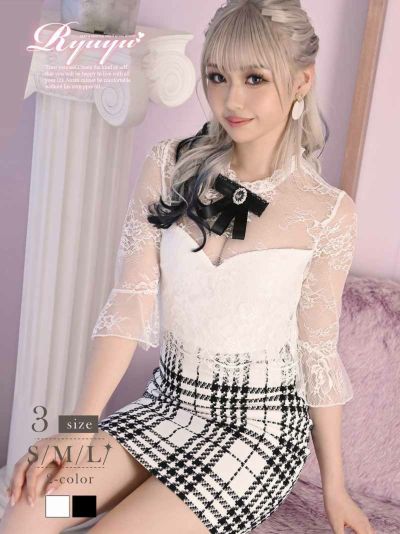 レース長袖デザインチェック柄タイトキャバドレス ゆずは 着用 ミニドレス【Ryuyu】(S/M/L)(ホワイト/ブラック)