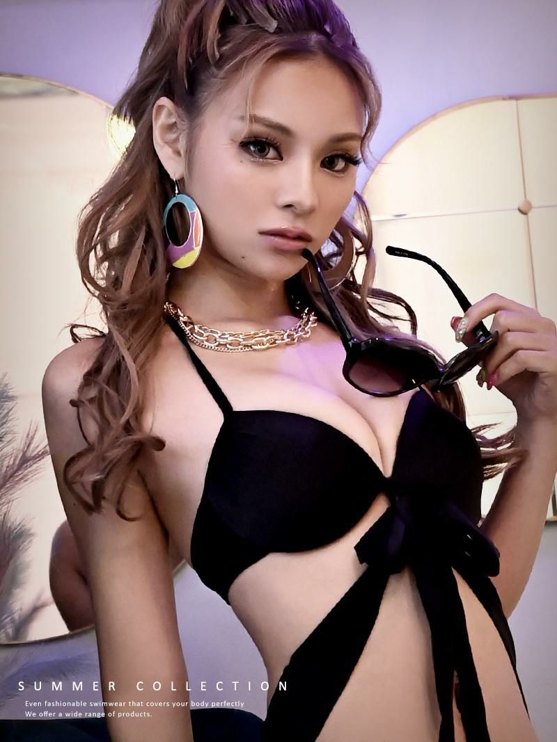 水着 シンプルブラックリボン三角モノキニ まぁみ 着用 ギャル