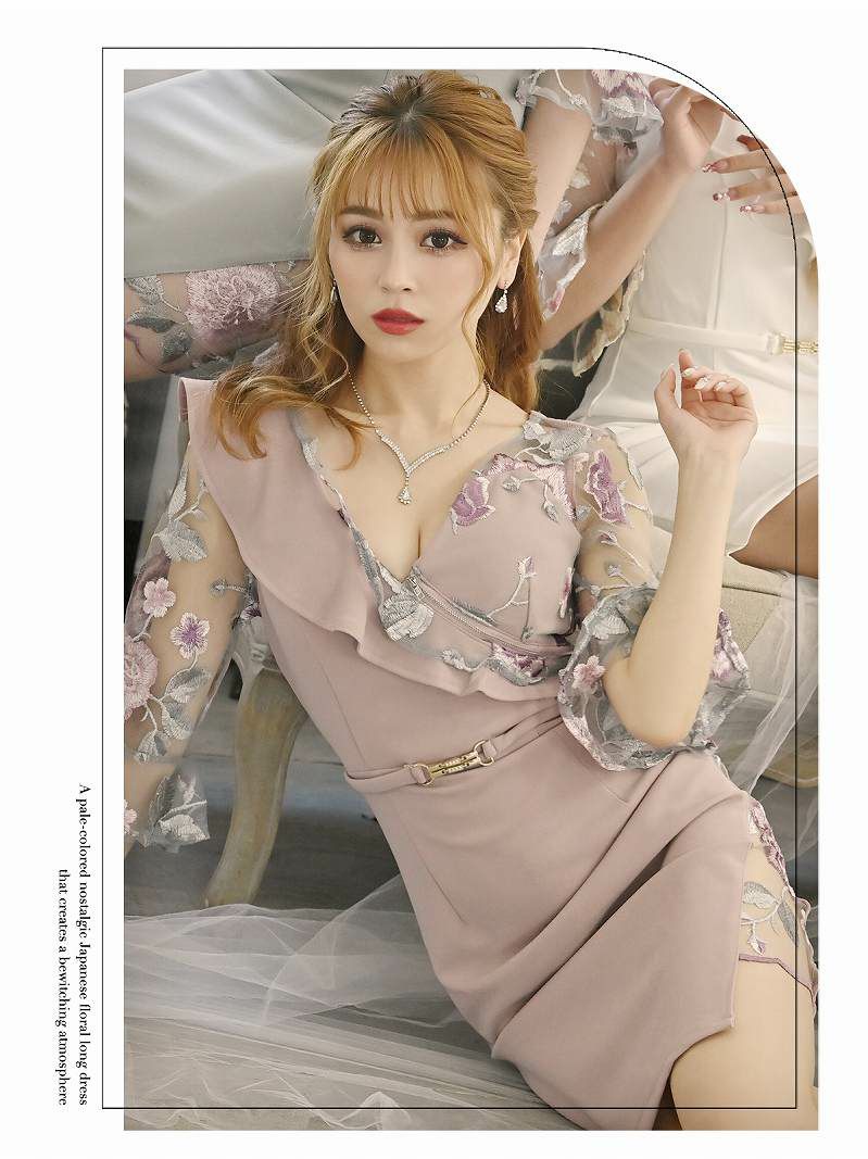 花柄刺繍フリルデザインシアーキャバドレス ゆずは あいさ 着用 ミニドレス【Ryuyu/リューユ】