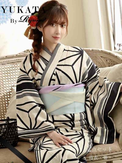 浴衣 モノトーン麻の葉柄浴衣 加賀美早紀着用 レディースゆかた2点セット【Ryuyu】(フリーサイズ)(ホワイト)