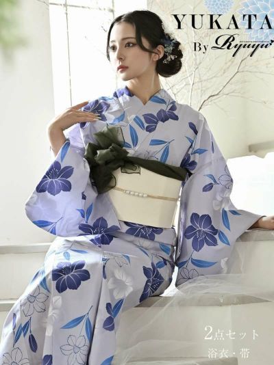 浴衣 ブルーカラー百合柄浴衣 KANO着用 レディースゆかた2点セット【Ryuyu】(フリーサイズ)(パープル)