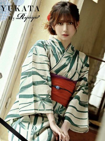 浴衣 グリーンカラー竹柄綿麻浴衣 加賀美早紀着用 レディース単品ゆかた【Ryuyu】(フリーサイズ)(グリーン)