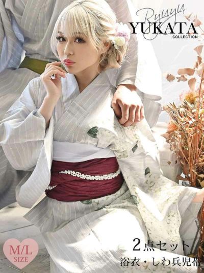浴衣早割SALE￥10800→￥9720！ 浴衣 ホワイトストライプ牡丹柄浴衣 ゆずは着用  2点セットギャルゆかた【Ryuyu】(M/L)(グレー)