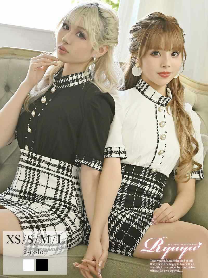 千鳥柄チェックモノトーン袖付きタイトキャバドレス ゆずは あいさ 着用 ミニドレス【Ryuyu/リューユ】