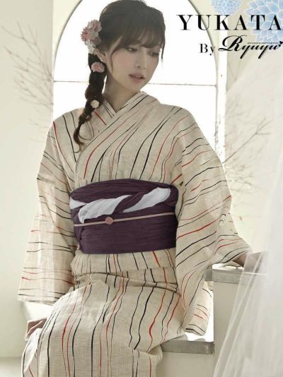 浴衣 白地にストライプ柄レディース単品浴衣 加賀美早紀 着用 単品ゆかた【Ryuyu】(フリーサイズ)(キナリ)