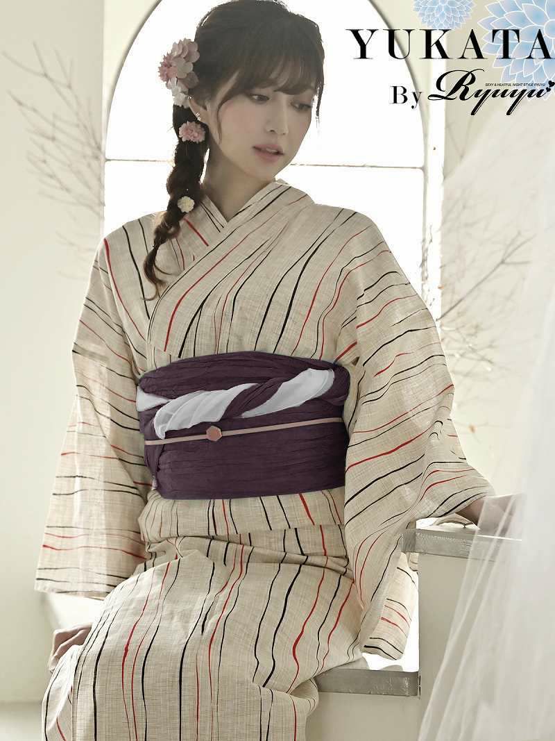 浴衣 白地にストライプ柄レディース単品浴衣 加賀美早紀 着用 単品ゆかた【Ryuyu】