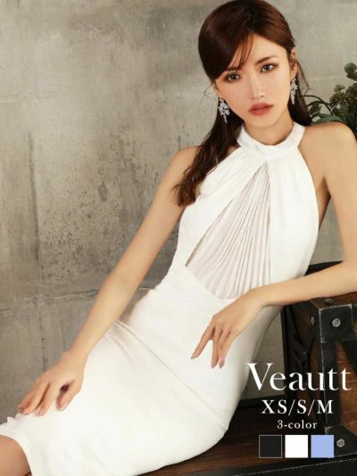 【Veautt/ヴュート】バックシャンワンカラー膝丈キャバドレス(XS/S/M)(ブラック/ホワイト/トランキーブルー)