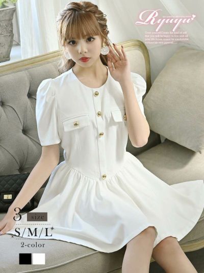 袖付き韓国チックフレアキャバドレス あいさ 着用 キャバワンピース【Ryuyu】(S/M/L)(ブラック/ホワイト)
